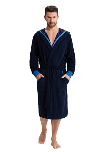 LEVERIE sportlicher Herren-Bademantel (made in EU) mit Kapuze, Saunamantel, Sport-Mantel dunkelblau/hellblau, Gr. XL von LEVERIE