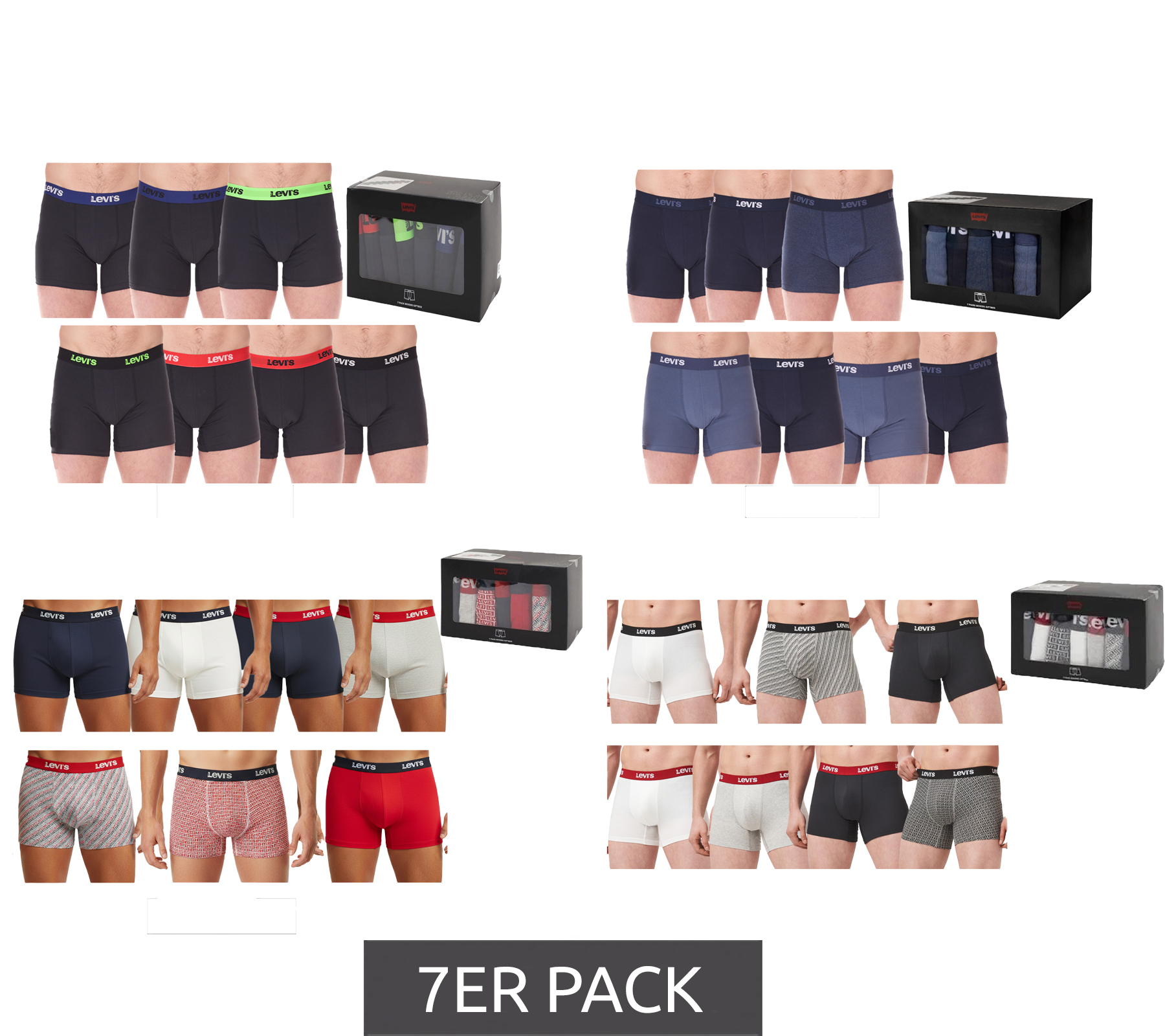 7er Pack LEVI`S Herren Boxershorts Baumwoll-Unterwäsche mit farblichen Akzenten am Bund in Geschenkbox 701225625 00 in Schwarz/Blau/Bunt von LEVI´S