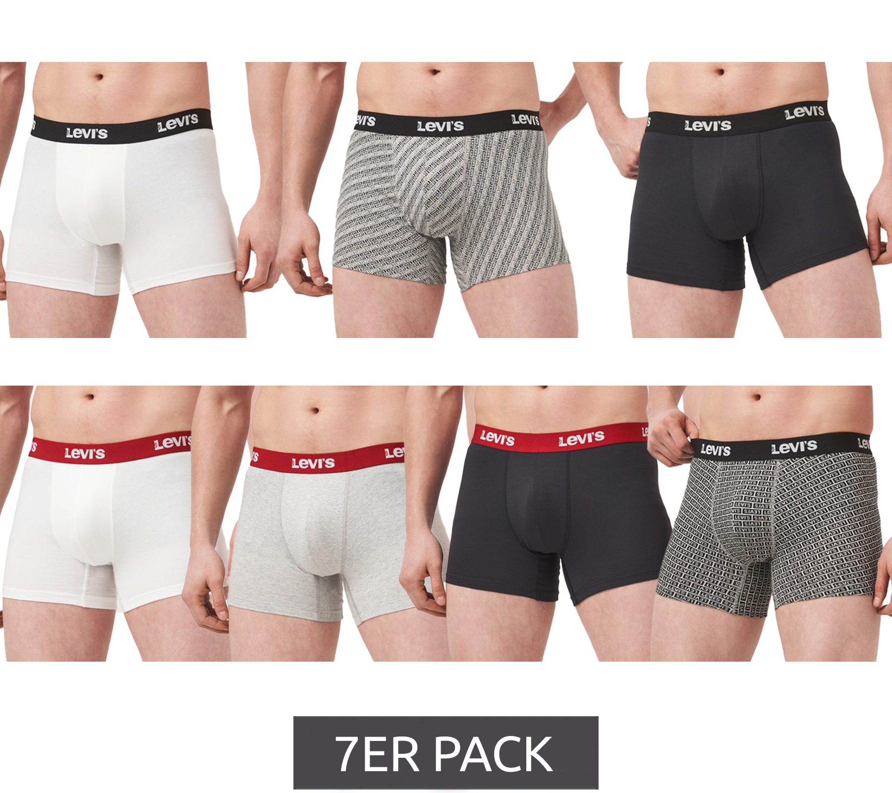 7er Pack LEVI`S Herren Boxershorts Baumwoll-Unterwäsche mit farblichen Akzenten am Bund in Geschenkbox 701225625 003 Schwarz/Weiß/Rot/Grau von LEVI´S