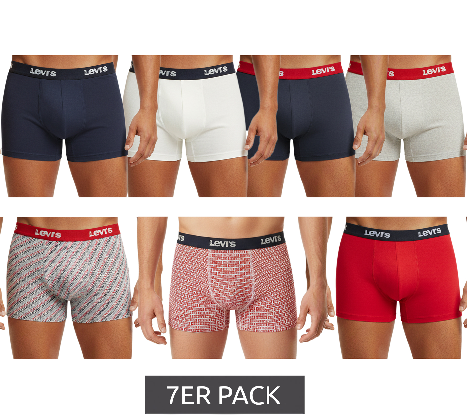 7er Pack LEVI`S Herren Boxershorts Baumwoll-Unterwäsche mit farblichen Akzenten am Bund in Geschenkbox 701225625 004 Navy/Rot/Weiß/Grau von LEVI´S