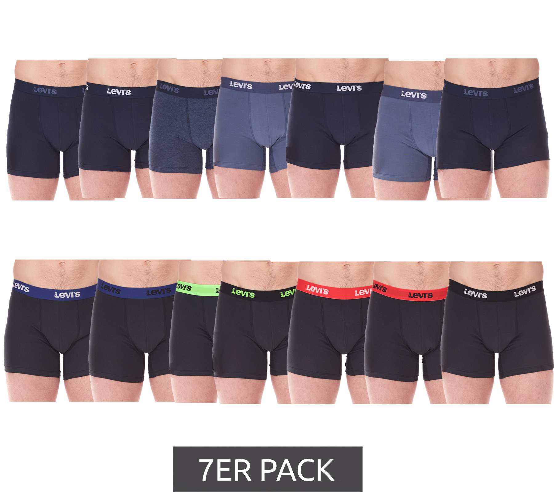7er Pack LEVI`S Herren Boxershorts Baumwoll-Unterwäsche mit farblichen Akzenten am Bund in Geschenkbox 701225625 Schwarz oder Blau von LEVI´S