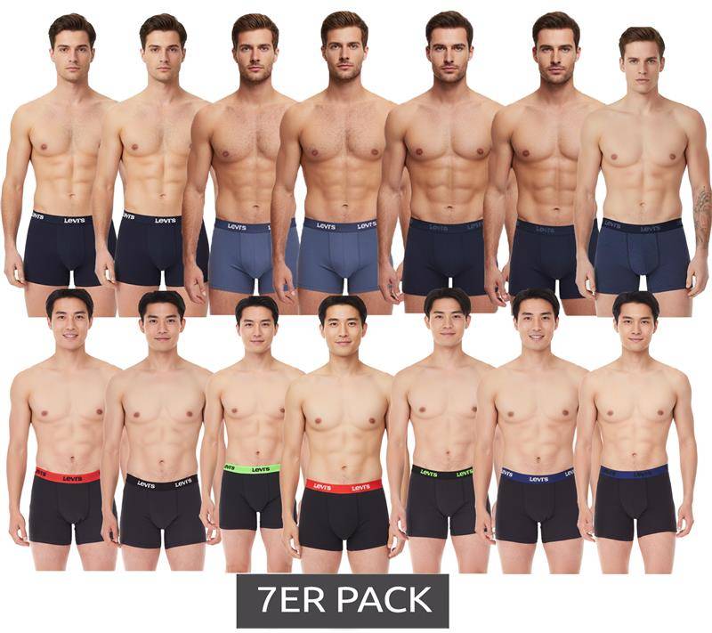 7er Pack LEVI`S Herren Boxershorts Baumwoll-Unterwäsche mit farblichen Akzenten am Bund in Geschenkbox 701225625 Schwarz oder Blau von LEVI´S