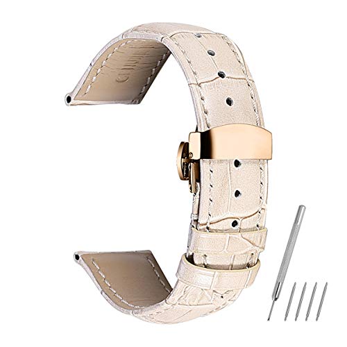 LEVINE UhrenarmbandStilvolle und elegante Uhrenarmbänder for Männer und Frauen, Uhrenarmbänder Uhrenarmband Kalbslederarmband 14mm 16mm 18mm 20mm 22mm Gürtel Roségold-Faltschließe (Color : Beige) von LEVINE