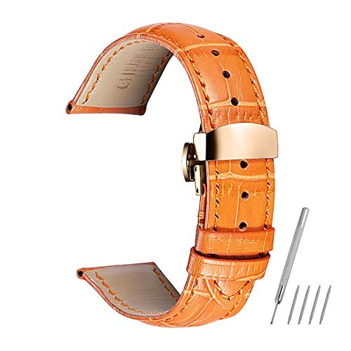 LEVINE UhrenarmbandStilvolle und elegante Uhrenarmbänder for Männer und Frauen, Uhrenarmbänder Uhrenarmband Kalbslederarmband 14mm 16mm 18mm 20mm 22mm Gürtel Roségold-Faltschließe (Color : Orange) von LEVINE