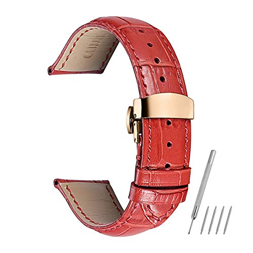 LEVINE UhrenarmbandStilvolle und elegante Uhrenarmbänder for Männer und Frauen, Uhrenarmbänder Uhrenarmband Kalbslederarmband 14mm 16mm 18mm 20mm 22mm Gürtel Roségold-Faltschließe (Color : Red) von LEVINE