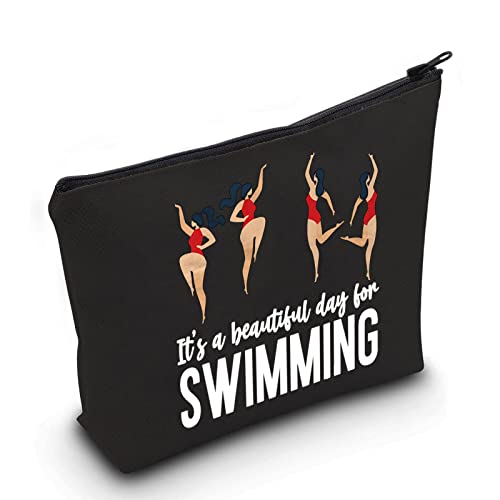 LEVLO Schwimmen Kosmetik Make-up Tasche Schwimmen Team Geschenk Es ist ein schöner Tag zum Schwimmen Make-up Reißverschluss Tasche für Frauen Mädchen, Day for Swimming Black, Kosmetiktasche von LEVLO