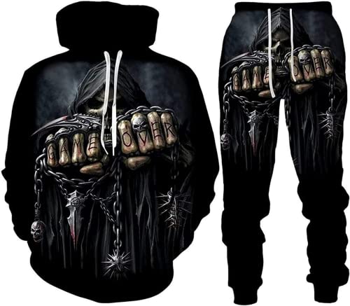 Herren 2 Stück Trainingsanzug Set 3D Totenkopf Print Outfit Punk Rock Hoodie Sweatshirt Jogginghose Casual Pullover Sportanzüge (Totenkopf 1,2XL) von LEXAHO