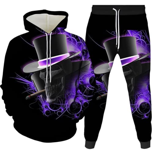 Herren 2 Stück Trainingsanzug Set 3D Totenkopf Print Outfit Punk Rock Hoodie Sweatshirt Jogginghose Casual Pullover Sportanzüge (Totenkopf 10,4XL) von LEXAHO