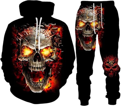 Herren 2 Stück Trainingsanzug Set 3D Totenkopf Print Outfit Punk Rock Hoodie Sweatshirt Jogginghose Casual Pullover Sportanzüge (Totenkopf 3,XL) von LEXAHO