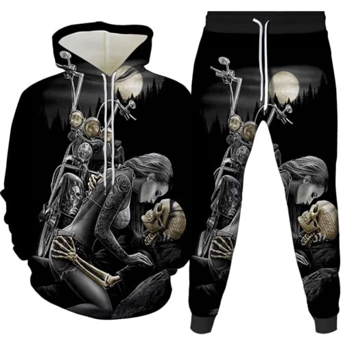 Herren 2 Stück Trainingsanzug Set 3D Totenkopf Print Outfit Punk Rock Hoodie Sweatshirt Jogginghose Casual Pullover Sportanzüge (Totenkopf 5,M) von LEXAHO