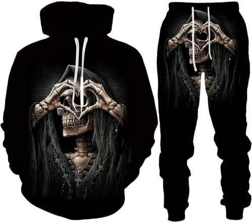 Herren 2 Stück Trainingsanzug Set 3D Totenkopf Print Outfit Punk Rock Hoodie Sweatshirt Jogginghose Casual Pullover Sportanzüge (Totenkopf 7,2XL) von LEXAHO
