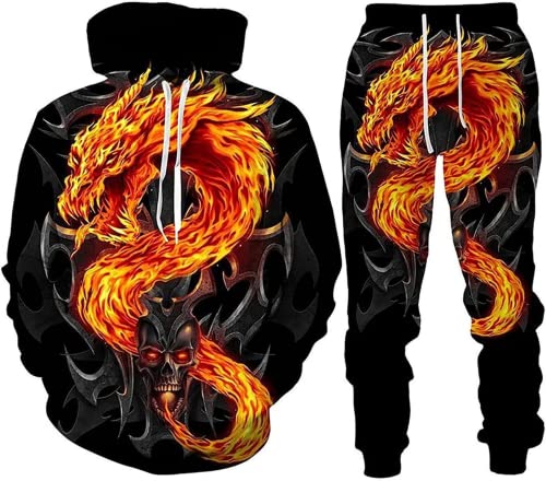 Herren 2 Stück Trainingsanzug Set 3D Totenkopf Print Outfit Punk Rock Hoodie Sweatshirt Jogginghose Casual Pullover Sportanzüge (Totenkopf 9,2XL) von LEXAHO