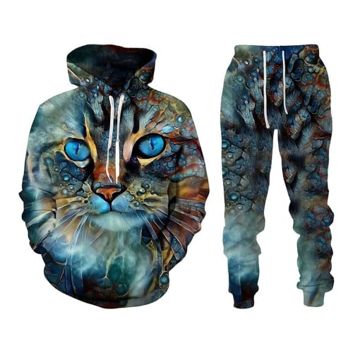 LEXAHO 3D-Kätzchen-Jogging-Anzug Anzug Unisex Trainingsanzug Cartoon Katze Kapuzenpullover Pullover Anzug 16-35Y (Kätzchen3,2XL) von LEXAHO