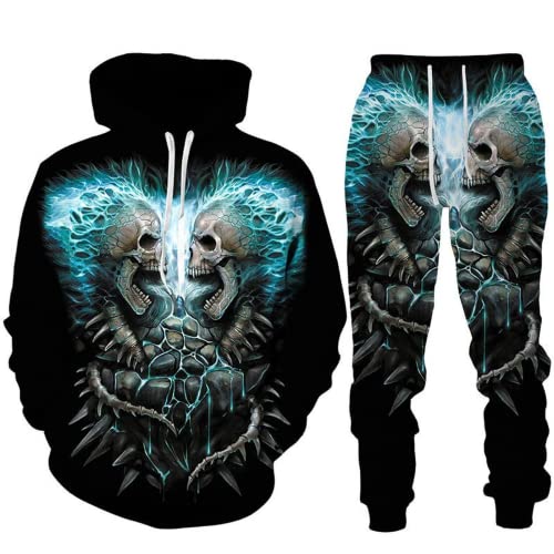 LEXAHO 3D Totenkopf Schädel Hoodie Männer Trainingsanzug Jogging Set Männer Sportanzug Männer Sweatshirt Hosen (Totenkopf 4,2XL) von LEXAHO