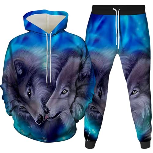 LEXAHO 3D Wolf Digitaldruck Kapuzenpullover Pullover und Hosenanzug Unisex Jugend Jogginganzug Trainingsanzug Polyester Baumwolle Sport Trainingsanzug (Wolf5,5XL) von LEXAHO