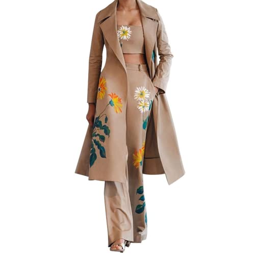 LEXAHO Damen Lange Mantel Hosenanzug Set Elegante Trenchcoat Langarm Revers Winterjacke übergangsjacke Neuheit Druck Wintermantel Business BlazerAnzug Set (Windjacke2,L) von LEXAHO