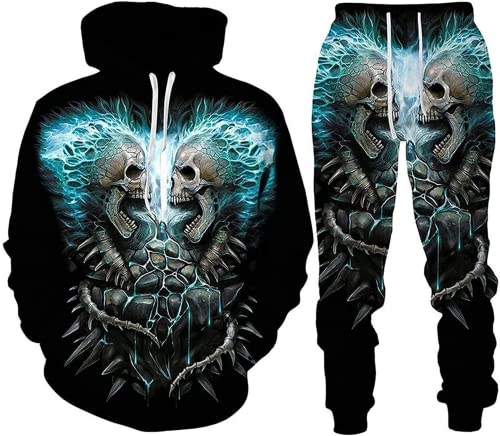 Herren 2 Stück Trainingsanzug Set 3D Totenkopf Print Outfit Punk Rock Hoodie Sweatshirt Jogginghose Casual Pullover Sportanzüge (Totenkopf 2,XL) von LEXAHO