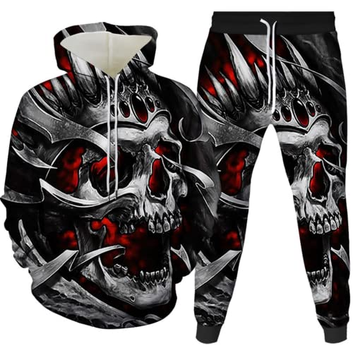 LEXAHO Herren Kapuzenpullover und Jogginghose lässiges zweiteiliges Totenkopf Jogginganzug Sweatshirt Set (Totenkopf 2,L) von LEXAHO