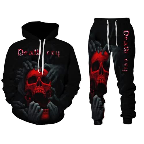 LEXAHO Herren Totenkopf 2 Stück Trainingsanzug Set Jogginganzug 3D Kapuzenpullover Zweiteiliges Set Skull Pattern Hoodie und Hose Trainingsanzug (Totenkopf2,2XL) von LEXAHO