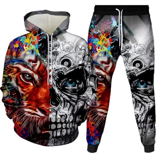 LEXAHO Herren Totenkopf Kapuzenpullover Zweiteiliges Set Herren Winter Skull Pattern Jogging Anzug Polyester Trainingsanzug Sportanzug Pullover+Hose (Hoodie 1,XL) von LEXAHO