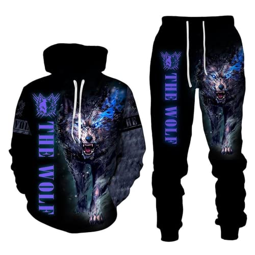 LEXAHO Trainingsanzug mit 3D-Tier-Wolf-Print, trendiges Hoodie-Hosen-Set für Herren (Wolf1,5XL) von LEXAHO