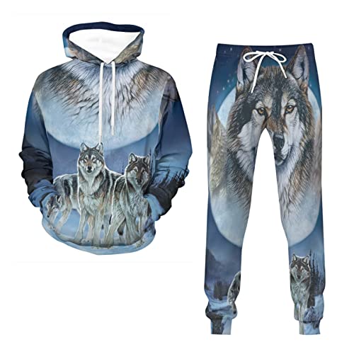 LEXAHO Wolf Hoodie und Hose Herren Halloween Tier 3D-Druck lose Pullover + Jogginghose Trainingsanzug Hausanzug Joggingsuit (Wolf4,2XL) von LEXAHO