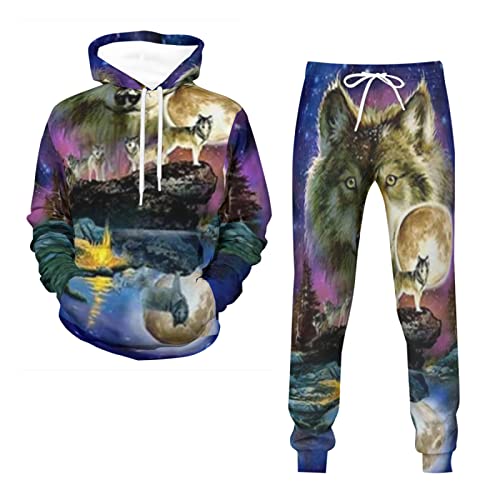 LEXAHO Wolf Kapuzenpullover Set 3D Drucken Tier Kapuzenpullover + Jogginghose Jogginganzug Sportanzug Männer Jogging Sweatshirt Hose (wolf6,5XL) von LEXAHO