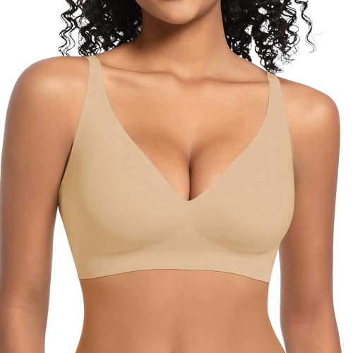 LEYSHE BH Damen ohne Bügel V-Ausschnitt Seamless Bügelloser Tshirt BH Gepolsterter Soft Bequemer Bralette mit Verstellbaren Trägern,Dunkelbeige,2XL LEYSHE BH Damen ohne Bügel V-Ausschnitt Seamless Bügelloser Tshirt BH Gepolsterter Soft Bequemer Bralette mit Verstellbaren Trägern,Dunkelbeige,2XL von LEYSHE