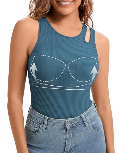 LEYSHE Ausschnitt Design Tank Top Damen Sommer mit Integriertem BH Cut Out BH Hemd Damen mit Cups Slim-Fit Trägertop Ärmelloses Rippshirt,BU,L von LEYSHE