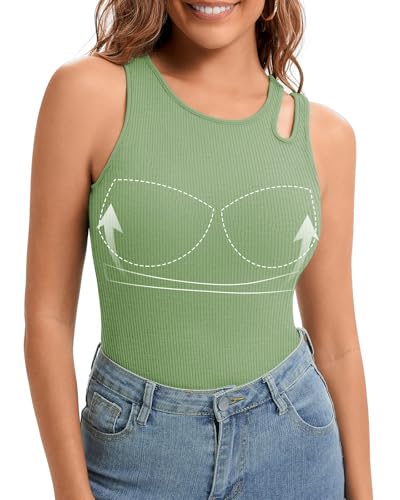 LEYSHE Ausschnitt Design Tank Top Damen Sommer mit Integriertem BH Cut Out BH Hemd Damen mit Cups Slim-Fit Trägertop Ärmelloses Rippshirt,GN,M von LEYSHE