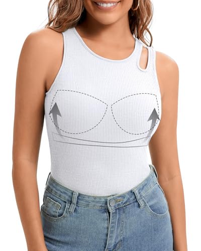 LEYSHE Ausschnitt Design Tank Top Damen Sommer mit Integriertem BH Cut Out BH Hemd Damen mit Cups Slim-Fit Trägertop Ärmelloses Rippshirt,WH,S von LEYSHE