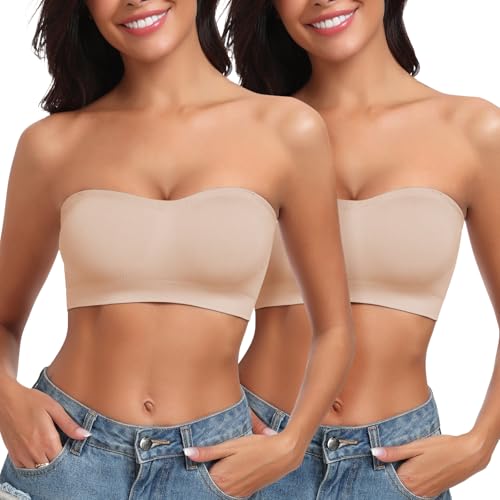 LEYSHE Trägerloser BH ohne Bügel Nahtlose Pull-on Bandeau BH Gepolsterter Damen Bustier ohne Träger Tube Top mit Transparenten Trägern,FF,L von LEYSHE