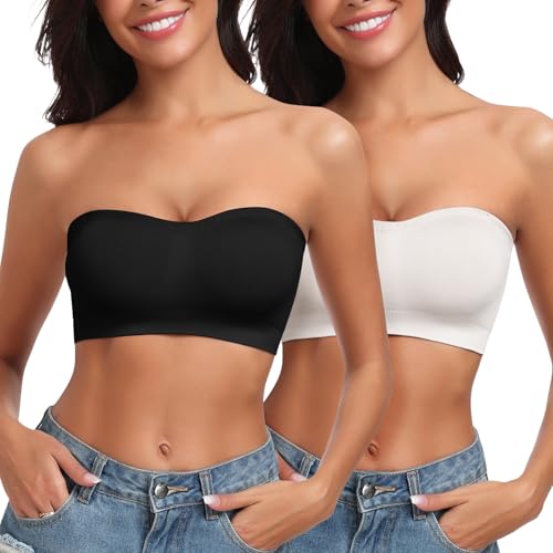 LEYSHE Trägerloser BH ohne Bügel Nahtlose Pull-on Bandeau BH Gepolsterter Damen Bustier ohne Träger Tube Top mit Transparenten Trägern,BW,L von LEYSHE