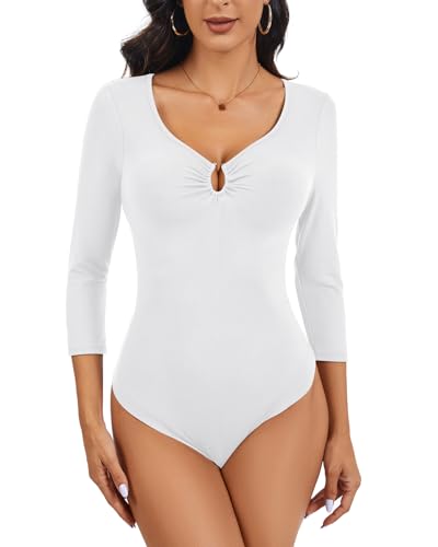 LEYSHE Body Damen 3/4 Ärmel Elegant V-ausschnitt Bodysuit Oberteil mit Metallring Rüschenoptik Schmal Geschnittener Bodysuit Top,Weiß,XL von LEYSHE