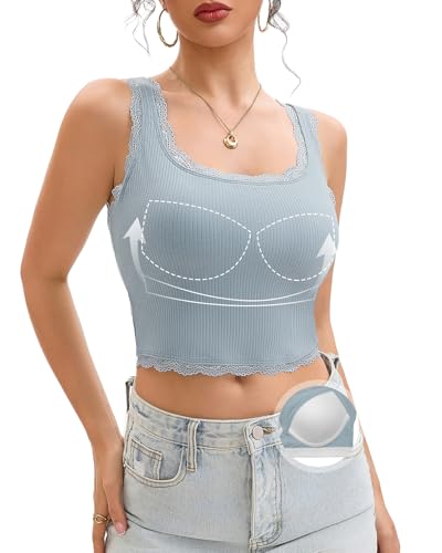 LEYSHE Crop Tank Tops Damen mit Integriertem BH Sommer Spitzen Ärmelloses BH Hemd mit Cups Elegantes Geripptes Trägertop Sexy Spitzentop,Blau,2XL LEYSHE Crop Tank Tops Damen mit Integriertem BH Sommer Spitzen Ärmelloses BH Hemd mit Cups Elegantes Geripptes Trägertop Sexy Spitzentop,Blau,2XL von LEYSHE