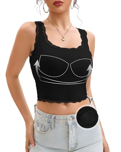 LEYSHE Crop Tank Tops Damen mit Integriertem BH Sommer Spitzen Ärmelloses BH Hemd mit Cups Elegantes Geripptes Trägertop Sexy Spitzentop,Schwarz,2XL von LEYSHE