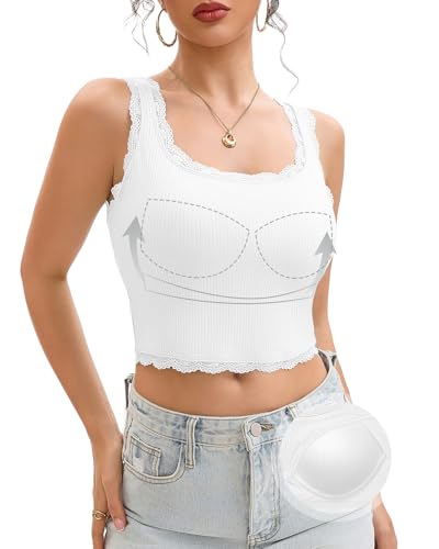 LEYSHE Crop Tank Tops Damen mit Integriertem BH Sommer Spitzen Ärmelloses BH Hemd mit Cups Elegantes Geripptes Trägertop Sexy Spitzentop,Weiß,M von LEYSHE