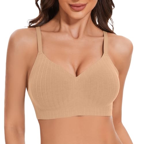 LEYSHE Soft Seamless BH Damen Ohne Bügel Nahtloser Push Up BH Bügelloser Bequemer Gerippt Bralette Comfy Bustier Gepolstert,Beige,XL von LEYSHE