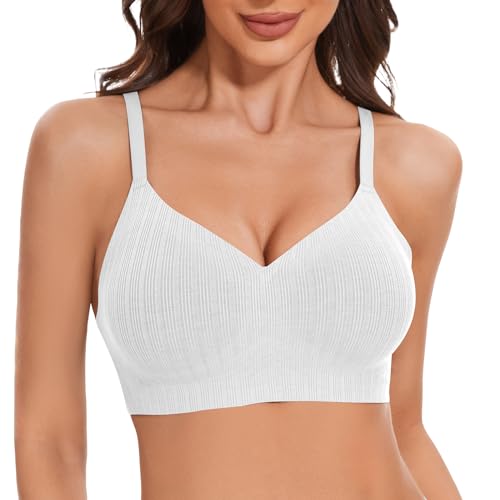 LEYSHE Soft Seamless BH Damen Ohne Bügel Nahtloser Push Up BH Bügelloser Bequemer Gerippt Bralette Comfy Bustier Gepolstert,Weiß,XL von LEYSHE