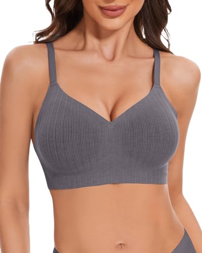 LEYSHE Soft Seamless BH Damen Ohne Bügel Nahtloser Push Up BH Bügelloser Bequemer Gerippt Bralette Comfy Bustier Gepolstert,Grau,M von LEYSHE