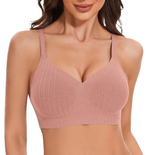 LEYSHE Soft Seamless BH Damen Ohne Bügel Nahtloser Push Up BH Bügelloser Bequemer Gerippt Bralette Comfy Bustier Gepolstert,Rosa,L von LEYSHE