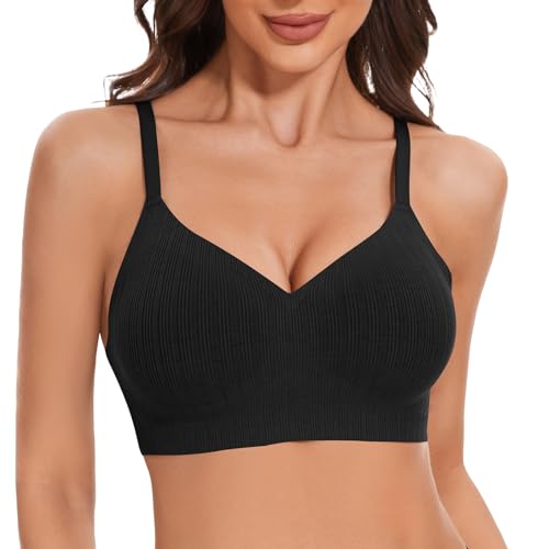 LEYSHE Soft Seamless BH Damen Ohne Bügel Nahtloser Push Up BH Bügelloser Bequemer Gerippt Bralette Comfy Bustier Gepolstert,Schwarz,M von LEYSHE