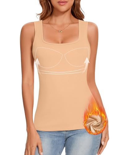 LEYSHE Thermo Damen Unterhemden wit Integriertem BH Warme Thermounterwäsche Fleece Thermoshirt Ärmellos Oberteil Eckigem Ausschnitt Tanktops Frauen,Aprikose,M von LEYSHE