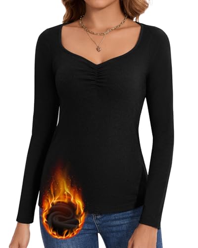 LEYSHE Thermo Langarmshirt Damen mit Raffungen Thermoshirt Langarm Fleece Oberteile Warme Thermounterwäsche Stretch Thermo Unterhemden Winter,Schwarz,L von LEYSHE