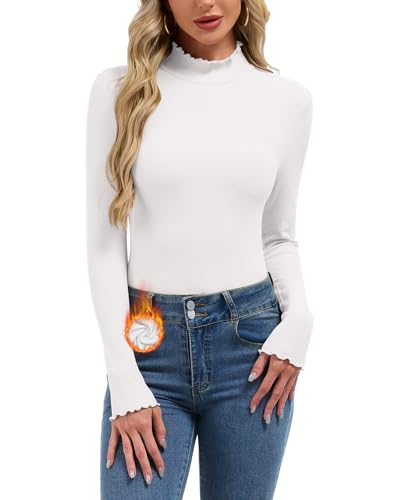 LEYSHE Thermo Rollkragenpullover Damen Langarm mit Rüschen Gerippt Rollkragen Langarmshirt Winter Oberteil Damen Thermo Unterwäsche,SWH,S von LEYSHE