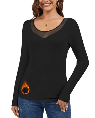 LEYSHE Thermoshirt Damen Langarm Mesh-Ausschnitt Dehnbares Thermo Oberteil Slim Fit Top Warme Thermounterwäsche Damen Fleece Winter Unterhemd,SBL,S von LEYSHE
