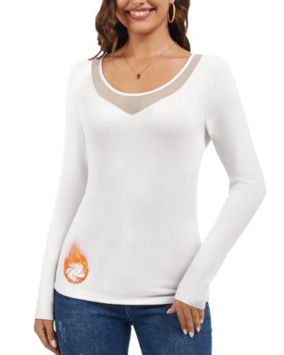 LEYSHE Thermoshirt Damen Langarm Mesh-Ausschnitt Dehnbares Thermo Oberteil Slim Fit Top Warme Thermounterwäsche Damen Fleece Winter Unterhemd,SWH,S von LEYSHE