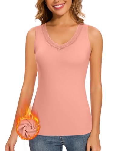 LEYSHE ThermounterwäSche Damen Fleece Tank Top Mesh V-Ausschnitt Unterhemden Dehnbar FunktionsunterwäSche Spitzentop Damen Ärmelloses Oberteil,Rosa,S von LEYSHE