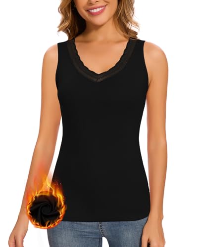 LEYSHE ThermounterwäSche Damen Fleece Tank Top Mesh V-Ausschnitt Unterhemden Dehnbar FunktionsunterwäSche Spitzentop Damen Ärmelloses Oberteil,Schwarz,S von LEYSHE