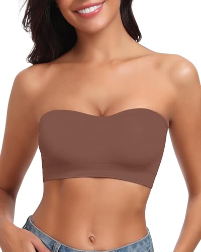 LEYSHE Trägerloser BH ohne Bügel Nahtlose Pull-on Bandeau BH Gepolsterter Damen Bustier ohne Träger Tube Top mit Transparenten Trägern,BN,L von LEYSHE